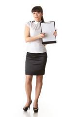 Businesswoman shows blank clipboard