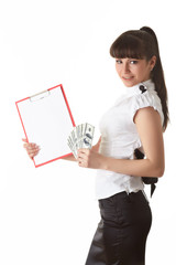 Businesswoman with money and clipboard.