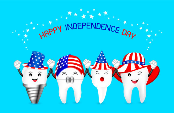 Cute cartoon tooth with American hat. concept for patriotism in America and celebration of independence day and the fourth of july for the United States. illustration.