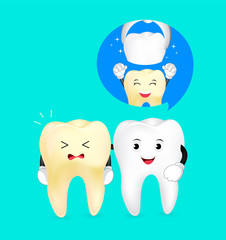 White and yellow tooth characters. Dental veneers and healthy teeth,  illustration.