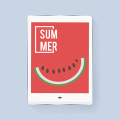 Tablet Screen Showing Watermelon Piece with Summer Word Graphic Vector