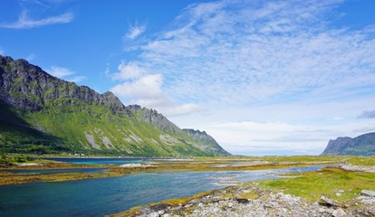 Typical Norwegian landscape over water in the Lofoten Islands