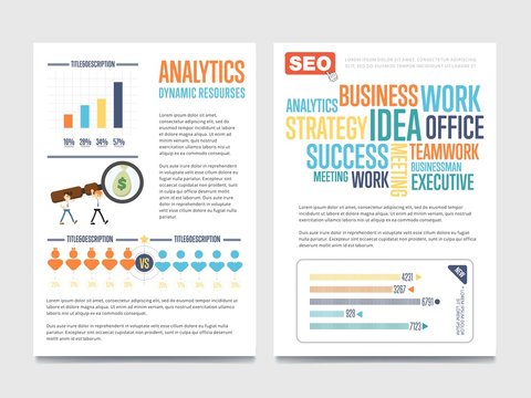 Business analytics banner set with businessmen vector illustration. Abstract data visualization elements, marketing chart and graph. Business seo statistics, planning, infographics, dynamic resources