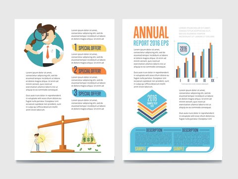 Annual report and special offer template set with diagram vector illustration. SEO analytics, marketing research, business statistics and planning, sales strategy. Conceptual business design.