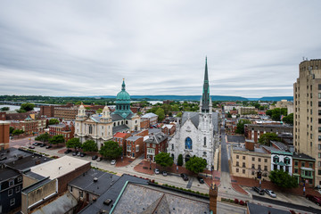 Aerial of Historic downtown Harrisburg, Pennsylvania next to the capitol