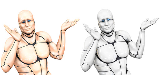 Cheerful cyborg man spreads his hands. 3d rendering illustration