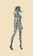 Sexy woman silhouette. Grunge cracked texture. Monochrome icon
