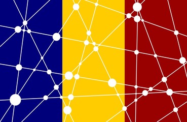 Flag of the Romania. Low poly concept triangular style. Molecule And Communication Background. Connected lines with dots.