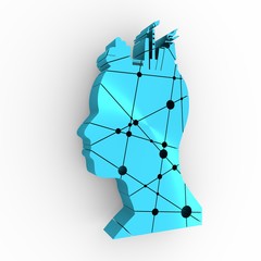 Head with factory for brain. Heavy industry and atom energy. Connected lines with dots. 3D rendering