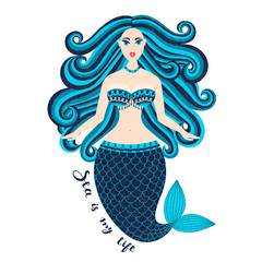 Mermaid. Hand drawn sea girl. Beautiful woman with tail. Marine summer design. Nixie with wild hair. Summertime. Nymph. Seamaid. Undine. Poster, invitation, card, cover, banner, Vector, eps10