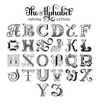 Retro decorative font. Original high-detalized alphabet. Capital letters. EPS 10 vector.