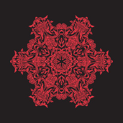 Embroidery mandala. In red on black background. Stock line vecto