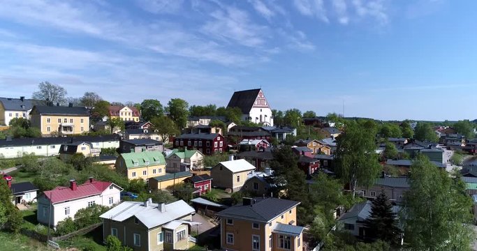 PORVOO, UUSIMAA, FINLAND, MAY 28 Cinema 4k aerial landing view of old town Borg&aring;, Uusimaa, Finland
