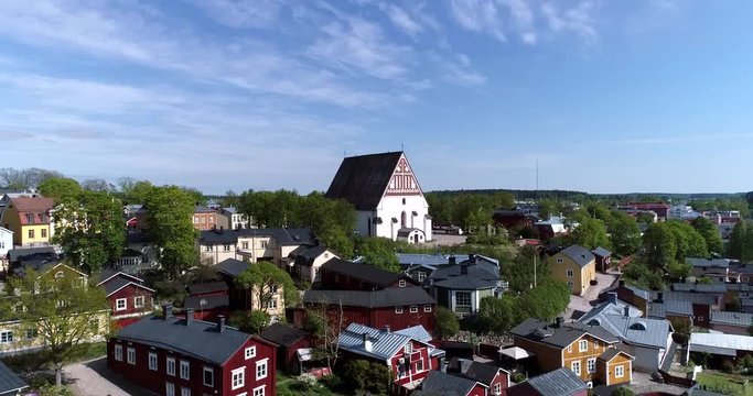 Porvoo, Cinema 4k aerial view over a church, in old town Borg&aring;, Uusimaa, Finland