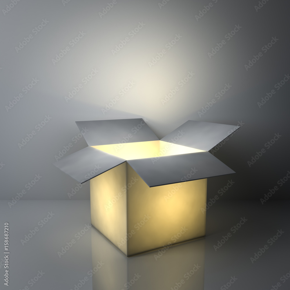 Fototapete Creative idea concepts , One luminous opened light box glowing on dark grey background with reflections and shadows. 3D rendering.