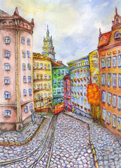 Beautiful watercolor hand drawing illustration of city Lviv in Ukraine