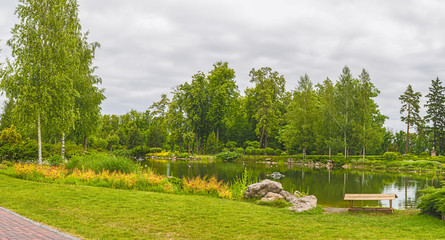 Panorama of a beautiful lake in the park Mezhyhirya near Kiev.