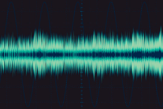 electronic wave. sound frequency wave. oscilloscope digital waveform signal on green screen illustration.