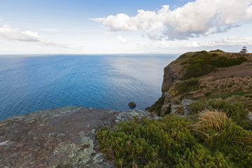View of Bass sea Strait from lookout on top of the Nut Plateau tableland in Stanley, Tasmania, Australia