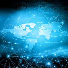 World map on a technological background, glowing lines symbols of the Internet, radio, television, mobile and satellite communications.