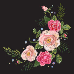 Embroidery traditional botanical pattern with pink roses and forget me not. Vector floral design with flowers for fashion wearing.