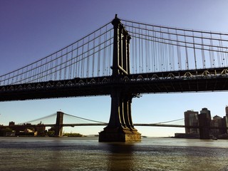 Manhattan bridge and Brooklyn bridge over the river in vintage style