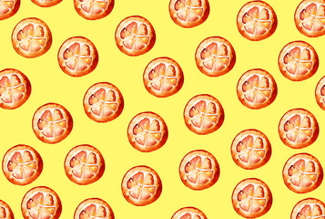 Beautiful pattern with hand drawn elements - cute orange slices watercolor on yellow background. Illustration.