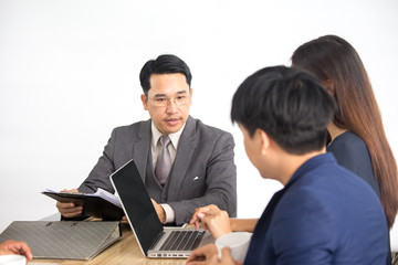 Fototapeta premium Asian businessman working with team, business teamwork concept, 30-40 year old.