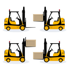 Forklift Truck with Different Cargo Positions, Vehicle Forklift Picks up a Box, Cargo Below in the Middle and Above and Without , Vector Illustration