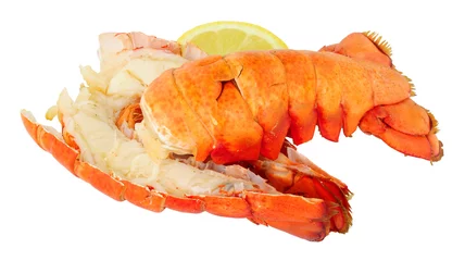 Deurstickers Two cooked lobster tails isolated on a white background © philip kinsey
