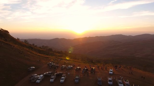 Aerial Shot Phu lom lo, Thailand. Tourists watch the sunrise