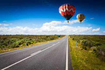 Hot air balloon over the road in Victoria, Melbourne, Australia