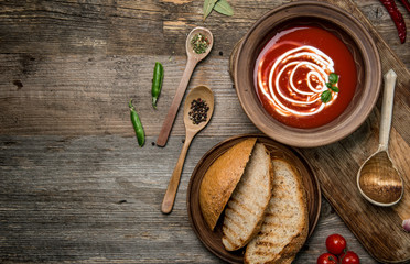 Served bowl of tomato soup, copyspace, topview