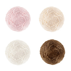 Ice cream scoops collection. Four balls basic flavor and colors - cream, strawberry, creme brulee, chocolate, isolated on white background, closeup, texture. Template for menu.