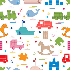 Vector illustration kids toys objects: train, puzzle, designer, boat, car, whale and other.