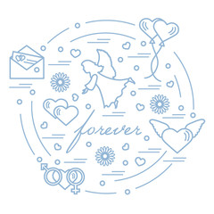 Cute vector illustration with different love symbols: hearts, air balloons, postal envelope, angel and other arranged in a circle.