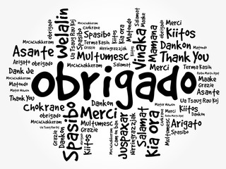 Obrigado (Thank You in Portuguese) Word Cloud background, all languages, multilingual for education or thanksgiving day