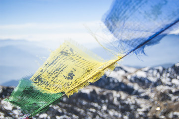 Wallpaper Macro tibetan prayer flags yellow blue red green white mountain path religion wind  © waltermorselli