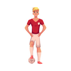Soccer player in uniform standing with one foot on football ball, cartoon vector illustration isolated on white background. Professional soccer player standing upright with one foot on football ball