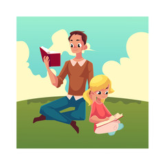 Young man and little girl reading books sitting legs crossed on the grass, cartoon vector illustration isolated on white background. Man and girl, father and daugther reading thick books, sitting