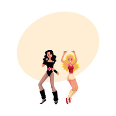 Two girls, women in 80s style aerobics outfit enjoying sport dance workout, cartoon vector illustration with space for text. Retro, vintage style girls, women dancing, aerobic fitness workout
