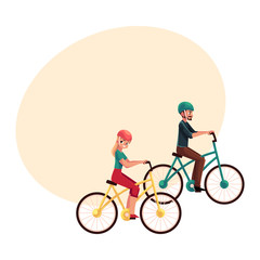 Young couple, man and woman, riding bicycles, cycling in helmets together, cartoon vector illustration with space for text. Full length, side view portrait of young couple riding bicycles