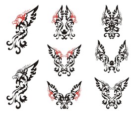 Obraz premium Black and red decorative eagle set. Eagle symbols with open wings for your design