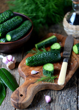 Homemade organic lightly salted cucumbers. Organic, healthy food.