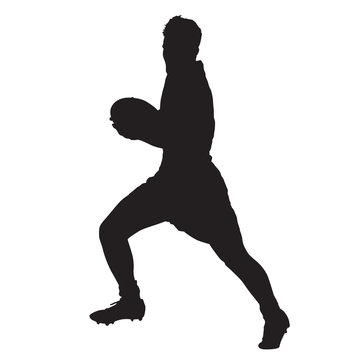Running rugby player with ball, vector silhouette