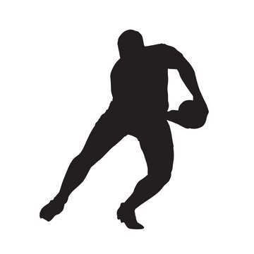 Rugby player passing ball, vector isolated silhouette