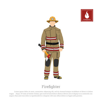 Firefighter with an axe on white background. Image of a fireman in a flat style