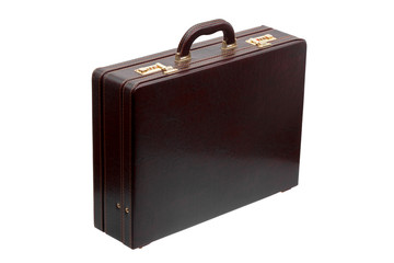 Brown leather suitcase with combination lock and gold locks isolated on white