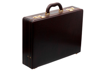 Brown leather suitcase with combination lock and gold locks isolated on white