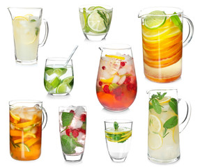 Different drinks in glassware on white background. Ideas for summer cocktails